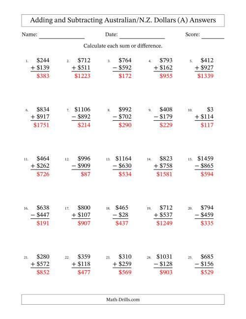 The Adding and Subtracting Australian/N.Z. Dollars With Amounts from 1 to 999 in Increments of One Dollar (A) Math Worksheet Page 2