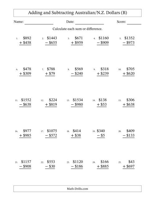 The Adding and Subtracting Australian/N.Z. Dollars With Amounts from 1 to 999 in Increments of One Dollar (B) Math Worksheet