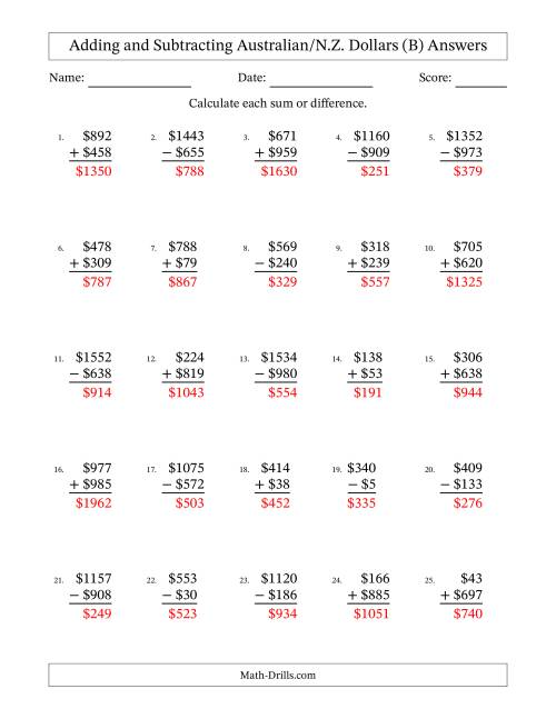 The Adding and Subtracting Australian/N.Z. Dollars With Amounts from 1 to 999 in Increments of One Dollar (B) Math Worksheet Page 2