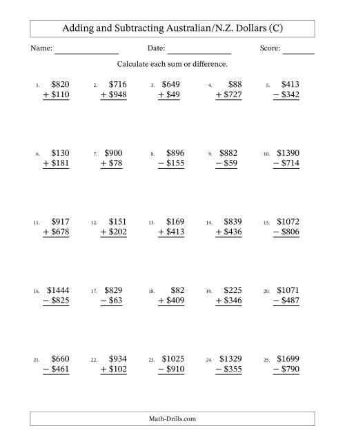 The Adding and Subtracting Australian/N.Z. Dollars With Amounts from 1 to 999 in Increments of One Dollar (C) Math Worksheet