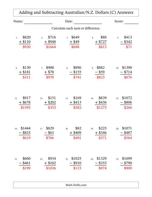 The Adding and Subtracting Australian/N.Z. Dollars With Amounts from 1 to 999 in Increments of One Dollar (C) Math Worksheet Page 2