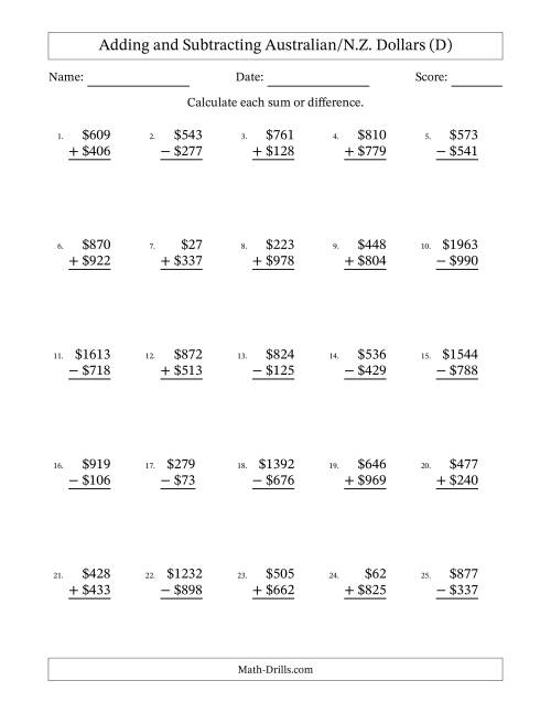 The Adding and Subtracting Australian/N.Z. Dollars With Amounts from 1 to 999 in Increments of One Dollar (D) Math Worksheet