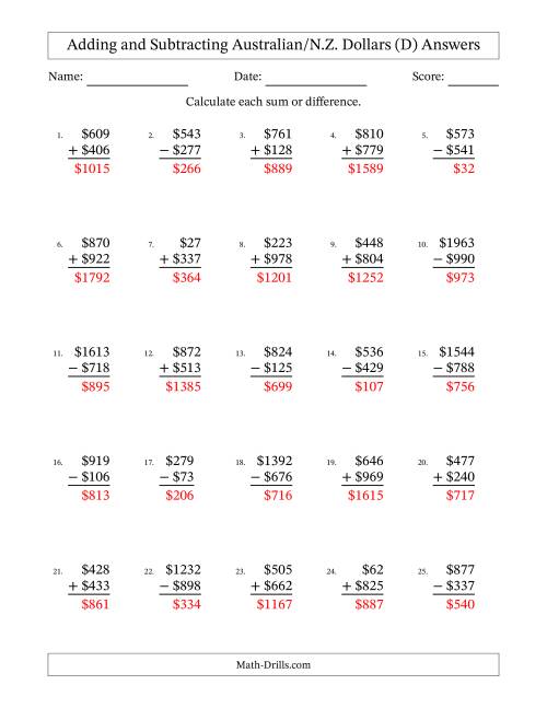 The Adding and Subtracting Australian/N.Z. Dollars With Amounts from 1 to 999 in Increments of One Dollar (D) Math Worksheet Page 2