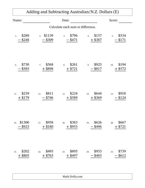 The Adding and Subtracting Australian/N.Z. Dollars With Amounts from 1 to 999 in Increments of One Dollar (E) Math Worksheet