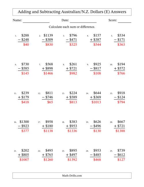 The Adding and Subtracting Australian/N.Z. Dollars With Amounts from 1 to 999 in Increments of One Dollar (E) Math Worksheet Page 2