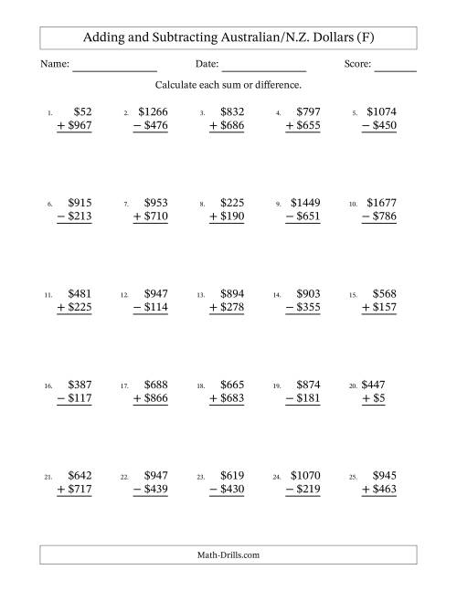 The Adding and Subtracting Australian/N.Z. Dollars With Amounts from 1 to 999 in Increments of One Dollar (F) Math Worksheet