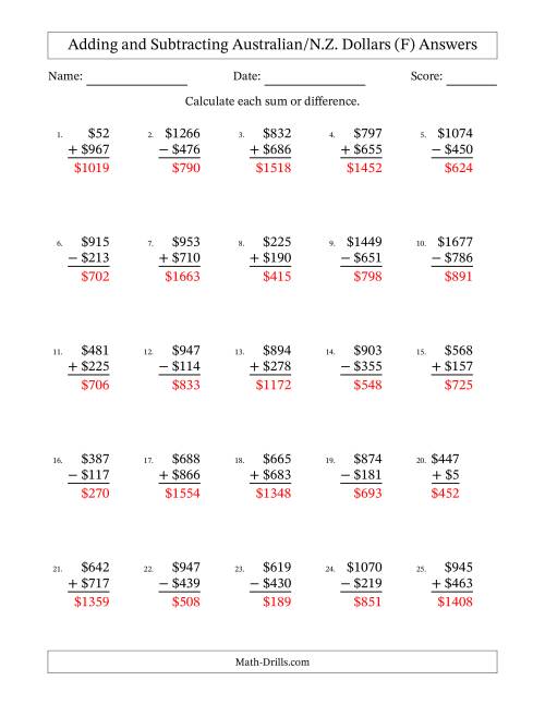 The Adding and Subtracting Australian/N.Z. Dollars With Amounts from 1 to 999 in Increments of One Dollar (F) Math Worksheet Page 2