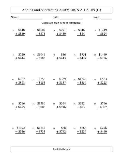 The Adding and Subtracting Australian/N.Z. Dollars With Amounts from 1 to 999 in Increments of One Dollar (G) Math Worksheet