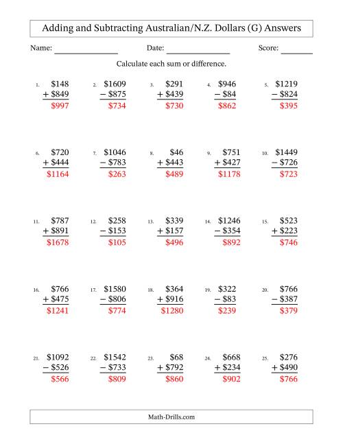 The Adding and Subtracting Australian/N.Z. Dollars With Amounts from 1 to 999 in Increments of One Dollar (G) Math Worksheet Page 2