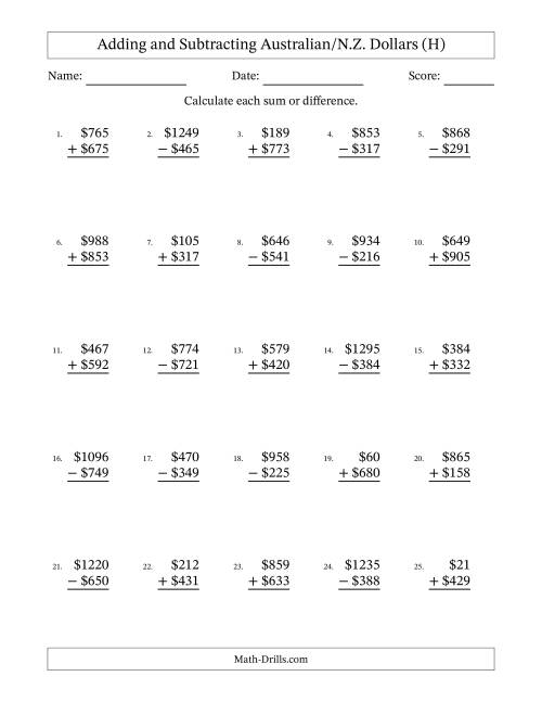 The Adding and Subtracting Australian/N.Z. Dollars With Amounts from 1 to 999 in Increments of One Dollar (H) Math Worksheet