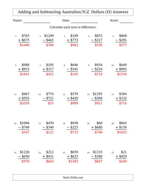 The Adding and Subtracting Australian/N.Z. Dollars With Amounts from 1 to 999 in Increments of One Dollar (H) Math Worksheet Page 2