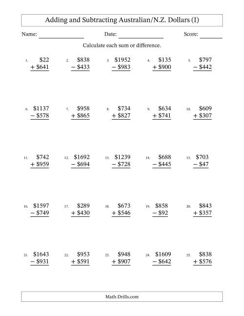 The Adding and Subtracting Australian/N.Z. Dollars With Amounts from 1 to 999 in Increments of One Dollar (I) Math Worksheet