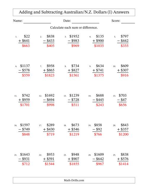 The Adding and Subtracting Australian/N.Z. Dollars With Amounts from 1 to 999 in Increments of One Dollar (I) Math Worksheet Page 2