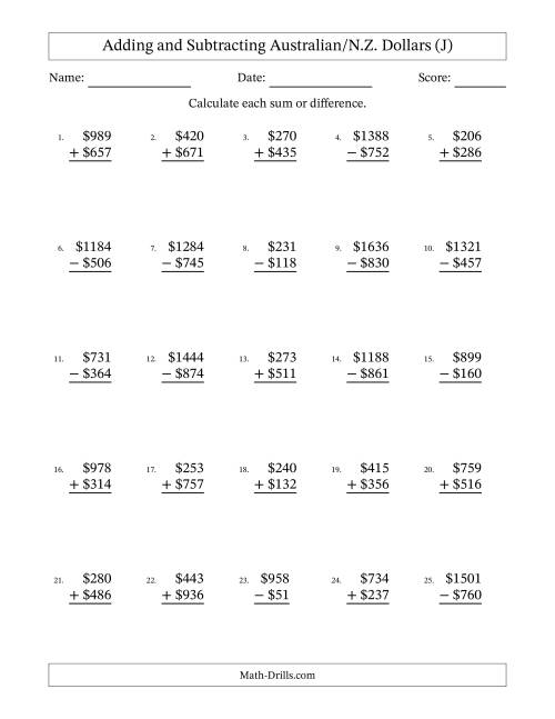 The Adding and Subtracting Australian/N.Z. Dollars With Amounts from 1 to 999 in Increments of One Dollar (J) Math Worksheet