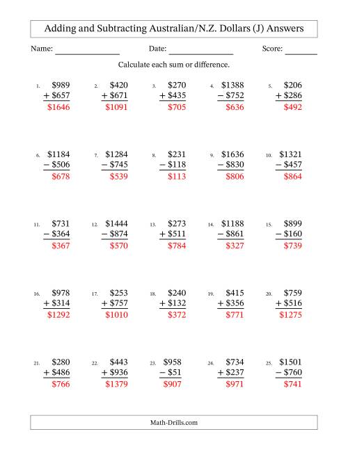 The Adding and Subtracting Australian/N.Z. Dollars With Amounts from 1 to 999 in Increments of One Dollar (J) Math Worksheet Page 2