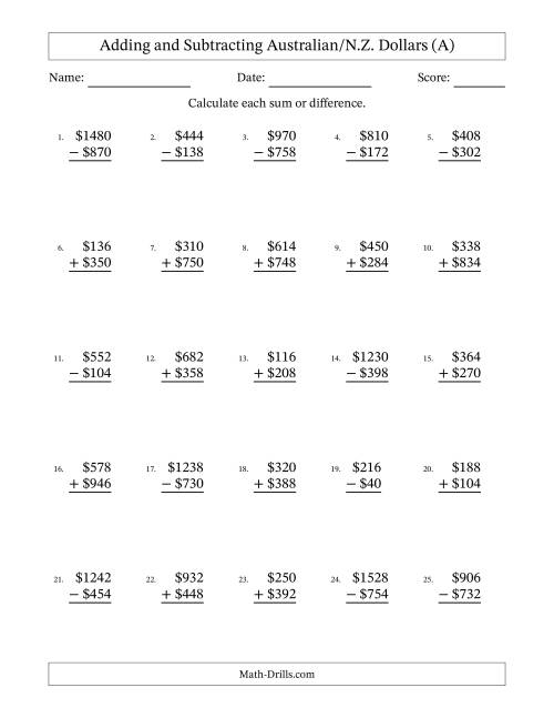 The Adding and Subtracting Australian/N.Z. Dollars With Amounts from 2 to 998 in Increments of Two Dollars (A) Math Worksheet