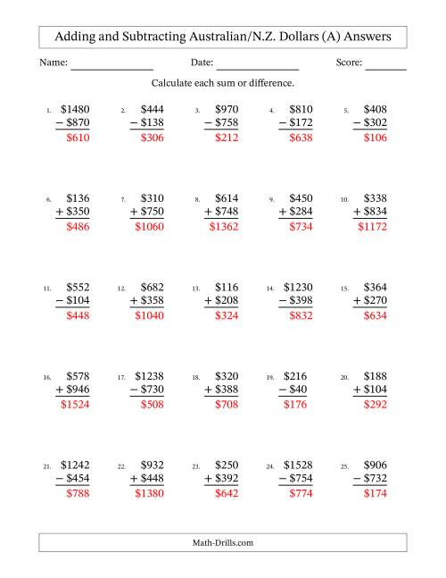 The Adding and Subtracting Australian/N.Z. Dollars With Amounts from 2 to 998 in Increments of Two Dollars (A) Math Worksheet Page 2