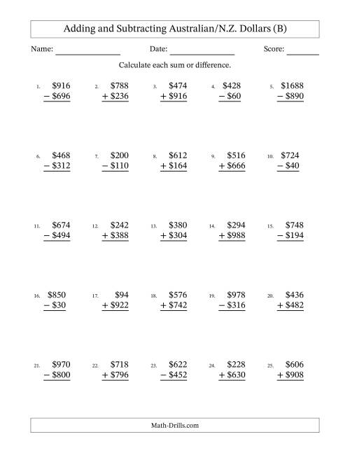 The Adding and Subtracting Australian/N.Z. Dollars With Amounts from 2 to 998 in Increments of Two Dollars (B) Math Worksheet