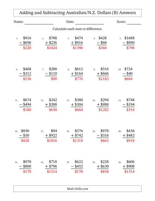 The Adding and Subtracting Australian/N.Z. Dollars With Amounts from 2 to 998 in Increments of Two Dollars (B) Math Worksheet Page 2