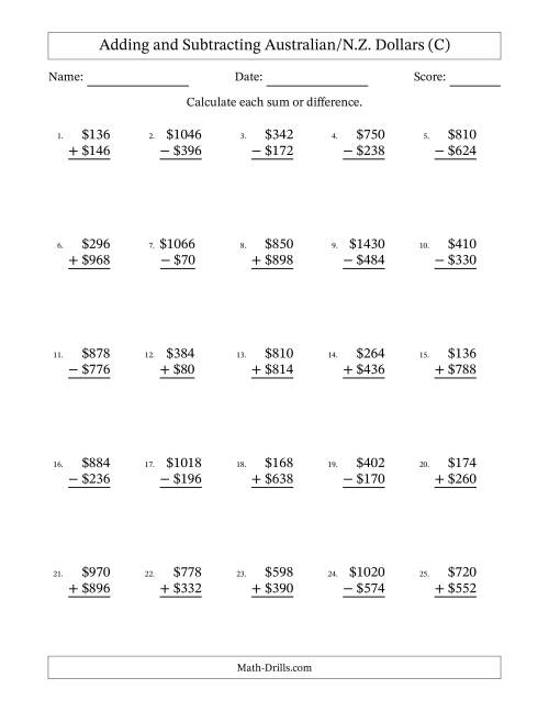 The Adding and Subtracting Australian/N.Z. Dollars With Amounts from 2 to 998 in Increments of Two Dollars (C) Math Worksheet