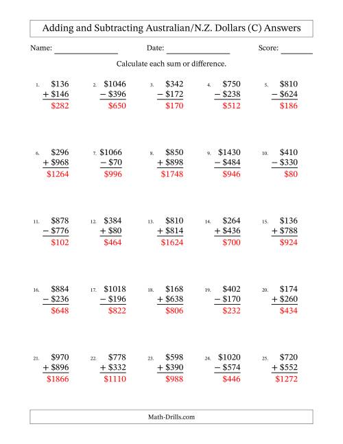 The Adding and Subtracting Australian/N.Z. Dollars With Amounts from 2 to 998 in Increments of Two Dollars (C) Math Worksheet Page 2