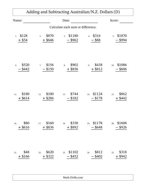 The Adding and Subtracting Australian/N.Z. Dollars With Amounts from 2 to 998 in Increments of Two Dollars (D) Math Worksheet