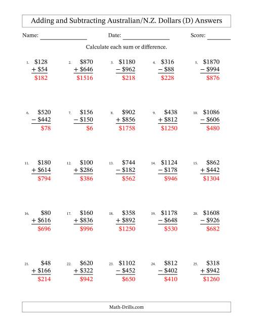 The Adding and Subtracting Australian/N.Z. Dollars With Amounts from 2 to 998 in Increments of Two Dollars (D) Math Worksheet Page 2