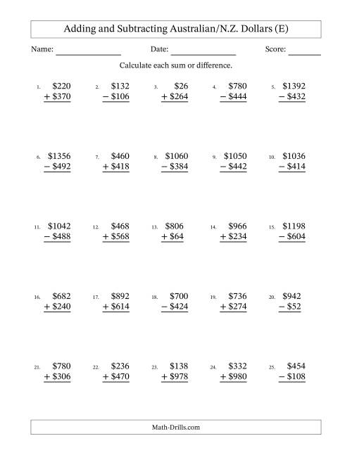 The Adding and Subtracting Australian/N.Z. Dollars With Amounts from 2 to 998 in Increments of Two Dollars (E) Math Worksheet