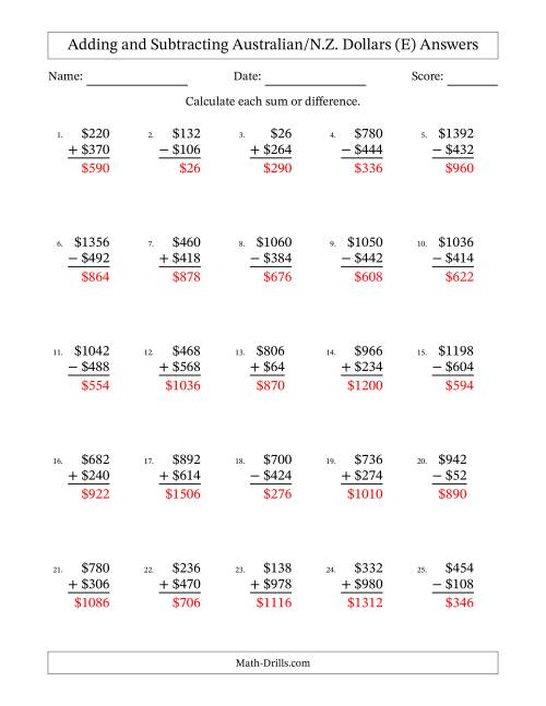 The Adding and Subtracting Australian/N.Z. Dollars With Amounts from 2 to 998 in Increments of Two Dollars (E) Math Worksheet Page 2