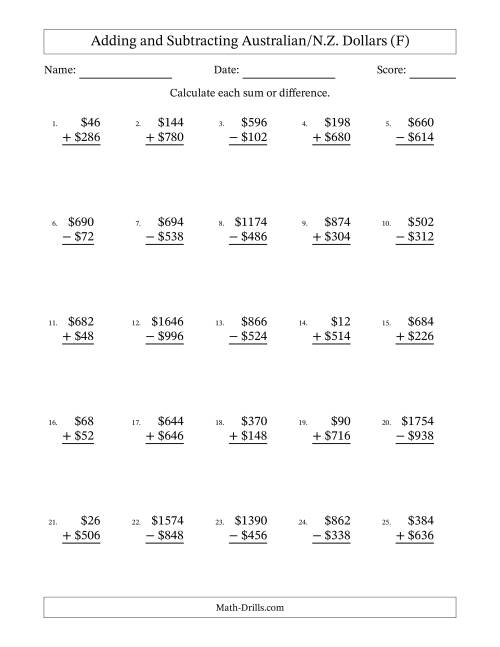 The Adding and Subtracting Australian/N.Z. Dollars With Amounts from 2 to 998 in Increments of Two Dollars (F) Math Worksheet