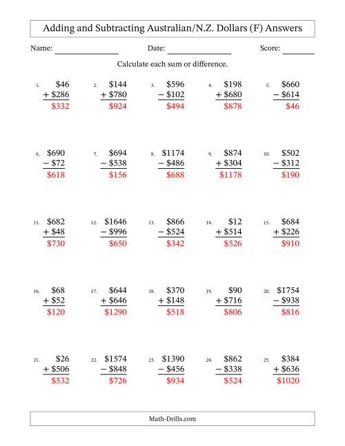 The Adding and Subtracting Australian/N.Z. Dollars With Amounts from 2 to 998 in Increments of Two Dollars (F) Math Worksheet Page 2