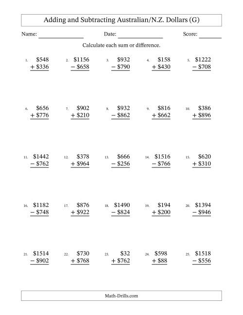 The Adding and Subtracting Australian/N.Z. Dollars With Amounts from 2 to 998 in Increments of Two Dollars (G) Math Worksheet