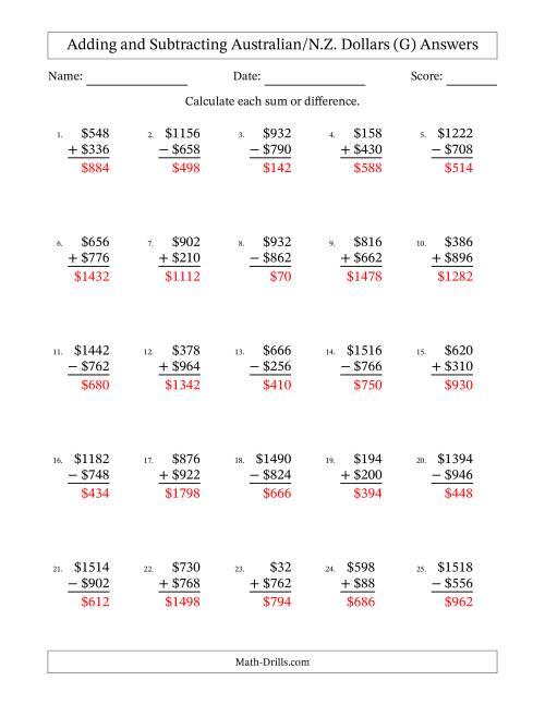 The Adding and Subtracting Australian/N.Z. Dollars With Amounts from 2 to 998 in Increments of Two Dollars (G) Math Worksheet Page 2