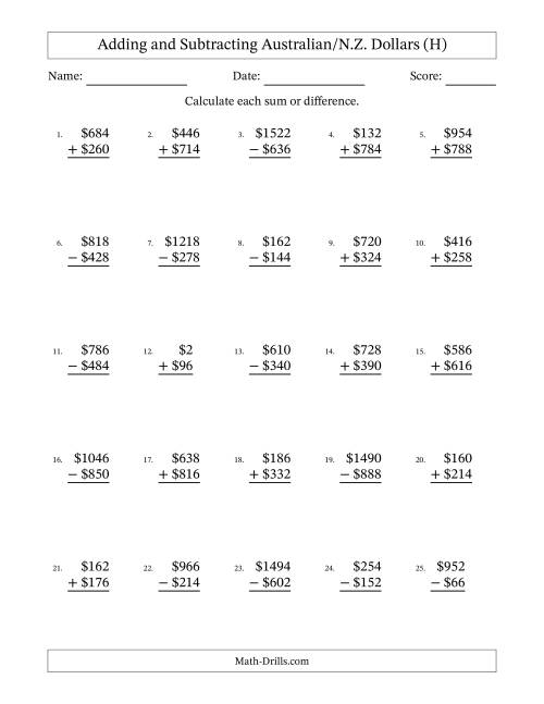 The Adding and Subtracting Australian/N.Z. Dollars With Amounts from 2 to 998 in Increments of Two Dollars (H) Math Worksheet