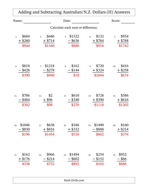 The Adding and Subtracting Australian/N.Z. Dollars With Amounts from 2 to 998 in Increments of Two Dollars (H) Math Worksheet Page 2