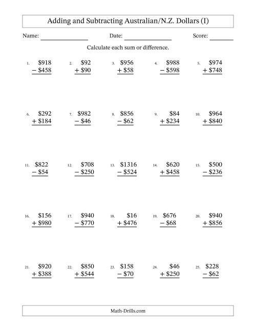 The Adding and Subtracting Australian/N.Z. Dollars With Amounts from 2 to 998 in Increments of Two Dollars (I) Math Worksheet