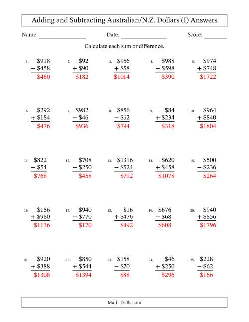 The Adding and Subtracting Australian/N.Z. Dollars With Amounts from 2 to 998 in Increments of Two Dollars (I) Math Worksheet Page 2