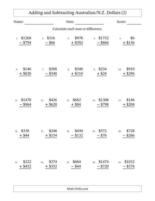 The Adding and Subtracting Australian/N.Z. Dollars With Amounts from 2 to 998 in Increments of Two Dollars (J) Math Worksheet