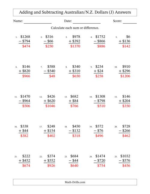 The Adding and Subtracting Australian/N.Z. Dollars With Amounts from 2 to 998 in Increments of Two Dollars (J) Math Worksheet Page 2