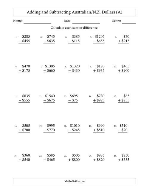 The Adding and Subtracting Australian/N.Z. Dollars With Amounts from 5 to 995 in Increments of Five Dollars (A) Math Worksheet