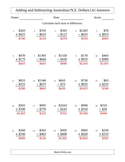 The Adding and Subtracting Australian/N.Z. Dollars With Amounts from 5 to 995 in Increments of Five Dollars (A) Math Worksheet Page 2