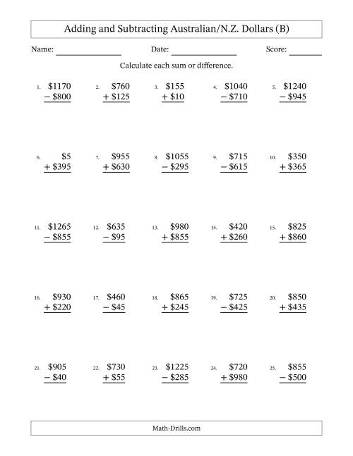 The Adding and Subtracting Australian/N.Z. Dollars With Amounts from 5 to 995 in Increments of Five Dollars (B) Math Worksheet