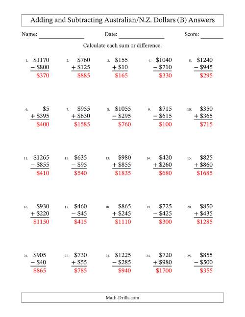 The Adding and Subtracting Australian/N.Z. Dollars With Amounts from 5 to 995 in Increments of Five Dollars (B) Math Worksheet Page 2