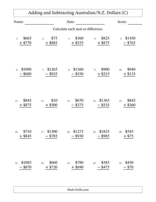 The Adding and Subtracting Australian/N.Z. Dollars With Amounts from 5 to 995 in Increments of Five Dollars (C) Math Worksheet