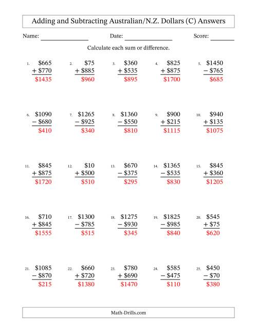 The Adding and Subtracting Australian/N.Z. Dollars With Amounts from 5 to 995 in Increments of Five Dollars (C) Math Worksheet Page 2