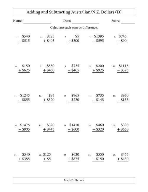 The Adding and Subtracting Australian/N.Z. Dollars With Amounts from 5 to 995 in Increments of Five Dollars (D) Math Worksheet