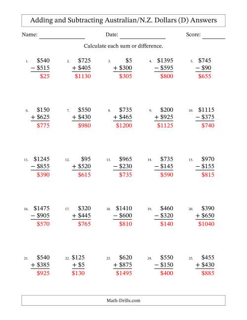 The Adding and Subtracting Australian/N.Z. Dollars With Amounts from 5 to 995 in Increments of Five Dollars (D) Math Worksheet Page 2