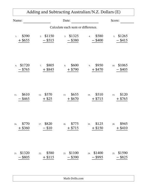 The Adding and Subtracting Australian/N.Z. Dollars With Amounts from 5 to 995 in Increments of Five Dollars (E) Math Worksheet