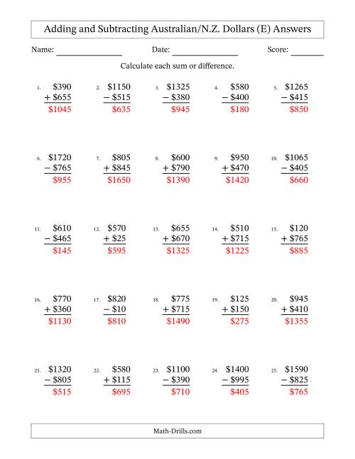 The Adding and Subtracting Australian/N.Z. Dollars With Amounts from 5 to 995 in Increments of Five Dollars (E) Math Worksheet Page 2