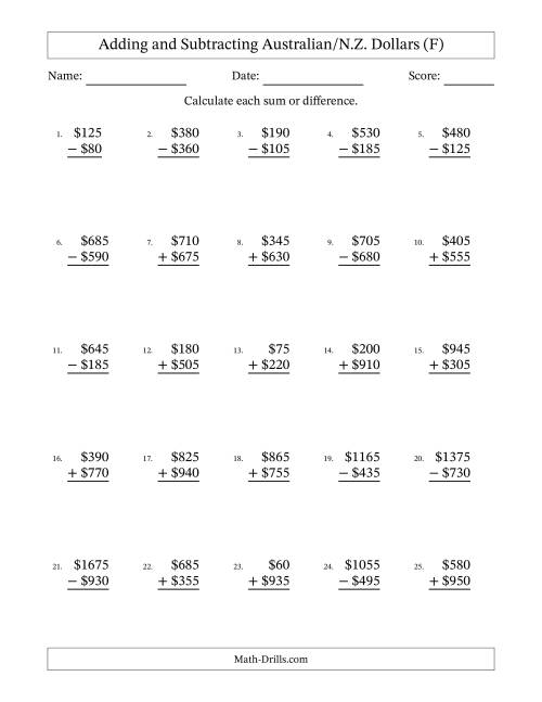 The Adding and Subtracting Australian/N.Z. Dollars With Amounts from 5 to 995 in Increments of Five Dollars (F) Math Worksheet